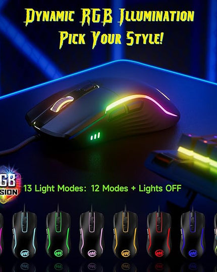 memzuoix Wired Gaming Mouse with RGB - 6 Adjustable DPI up to 12800, 6 Buttons, 12 Lighting Modes, Ergonomic Design with Anti-Slip Rubber Wheel, 5.6ft Braided Cable for PC/Mac/Windows - Black