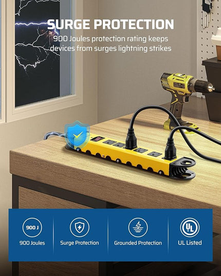 DEWENWILS Metal Power Strip, 6-Outlet Heavy Duty Surge Protector with 6FT Power Cord, UL Listed, 14AWG/3C, 15A Circuit Breaker, 900 Joules, Low Profile Flat Plug for Workshop, Wall Mountable
