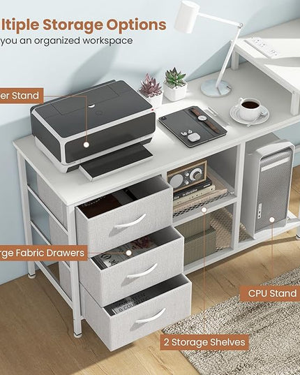Tangkula 81 Inch L-Shaped Desk with Power Outlet, Convertible Corner Desk with Drawers & Shelves, Office Desk for Working, Studying, Gaming (White)