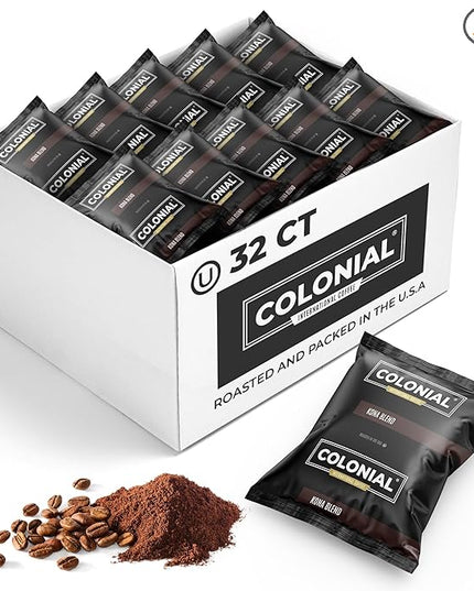 Colonial Coffee 32 Count Single Pot Coffee Packets – 100% Arabica Hawaiian Kona Medium Roast | Pre-Measured Frac Packs for 12 Cup Maker | Bulk Ground Gourmet Coffee for Home & Office