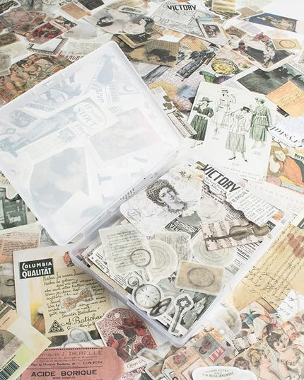 200Pcs Vintage Scrapbook Stickers, Aesthetic Junk Journal Stamping Supplies Kit, Scrapbooking Ephemera Washi Paper for Bullet Journaling Planners Diary Collage