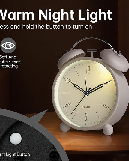 Twin Bell Loud Alarm Analog Alarm Clock, 4 inch Super Silent Non Ticking Small Clock with Night Light, Battery Operated, Simple Design, Old Fashioned, for Heavy Sleeper, Bedroom, Bedside, Desk, White