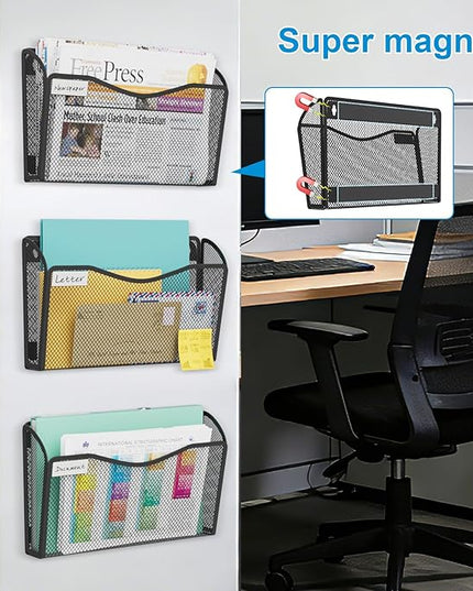 Magnetic Wall File Holder 3-Pack - Mesh Organizer with Strong Magnets for Office, Home & School - Space Saving Black Document Organizer