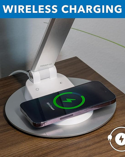 Mount-It! LED Desk Lamp with Wireless Charger and USB-C Charging Port, Dimmable Desk Lamp with 25 Brightness and Color Modes, for Home or Office, Adjustable Arm, Silver/White