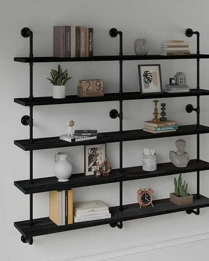 Floating Shelves for Wall Bookshelf Industrial Pipe Shelving Shelves 60 Inch 5 Tier Natural Wood Planks Rustic Wall Shelves Hanging Bookshelves Farmhouse Kitchen Shelving