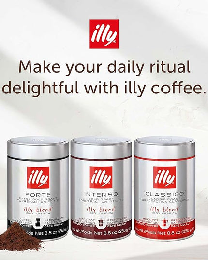 illy Ground Moka Coffee, Classico Medium Roast, 100% Arabica, Premium Italian Coffee, Pre-Ground for Moka Pot or Stovetop Brewing, 8.8oz, 6 Pack