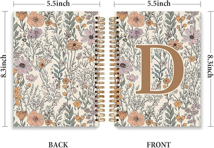 JXREQ Vintage Boho Floral Personalized Notebook, Initial Letter D Notebook Journal, Monogram Notebook, Monogrammed Gifts for Women, Boho Office Supplies, Flower Spiral Notebook 5.5x8.3