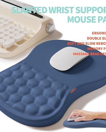 2-in-1 Ergonomic Set, Wave Rise Keyboard Wrist Rest and Massage Bulge Slope Mouse Pad Wrist Support, Cushion Memory Foam Integrated to Relieve Wrist Pain, Dark Blue