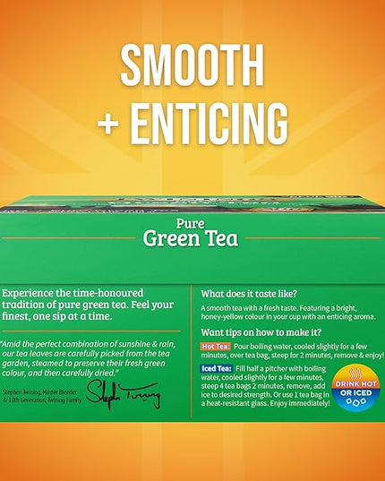 Twinings Pure Green Tea Individually Wrapped Bags, 50 Count (Pack of 6), Smooth Flavour, Enticing Aroma, Caffeinated, Enjoy Hot or Iced, 300 Teabags