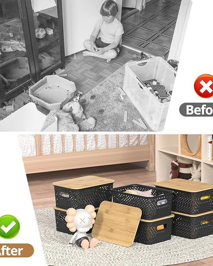 Plastic Storage Bins with Bamboo Lids, Stackable Small Box Baskets for Organizing and Containers for Shelves Drawers Desktop Closet Pantry Classroom Office Home, 6 Pack 10.2x7.2x4.1 Inch, Black
