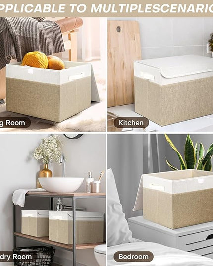 Large 17" 42 Quarts Collapsible Stackable Storage Bins with Lids [3-Pack] Foldable Fabric Linen Storage Boxes Cube, Closet Organizer Baskets with Label (16.7 x 12 x 12, Beige & White)