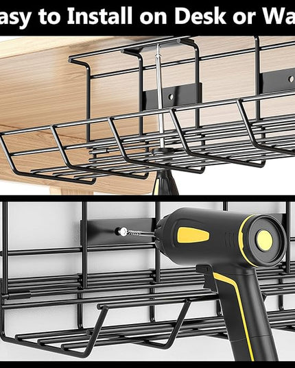 2 Pack DELAMU Under Desk Cable Management Tray, Metal Cord Cable Organizer for Desk, Easy Install Pre-drilled Wire Management Wire Organizer for Office & Home