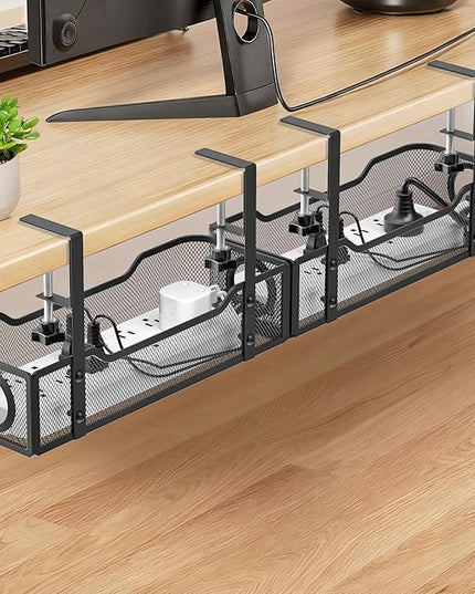 Under Desk Cable Management Tray, GZOKMOG Cord Management with Upgraded Clamp No Drill, Metal Cable Management Box for Home Office, Wire Management for Standing Desk, 2 Pack Black, 13.38 inch