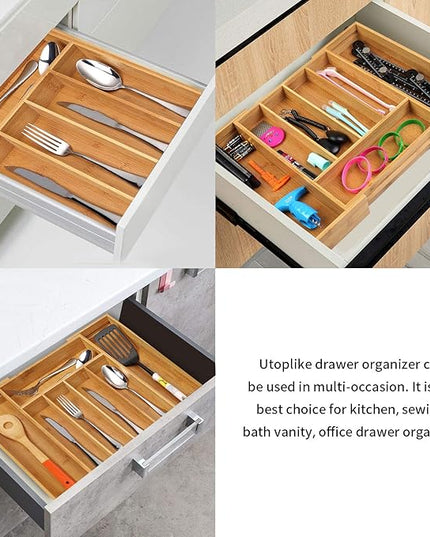 Utoplike Bamboo Cutlery Tray Silverware, Drawer Dividers for Kitchen Utensils, Flatware Tray Drawer Insert for knives, Gadgets and Garage Tools, Office Supplies
