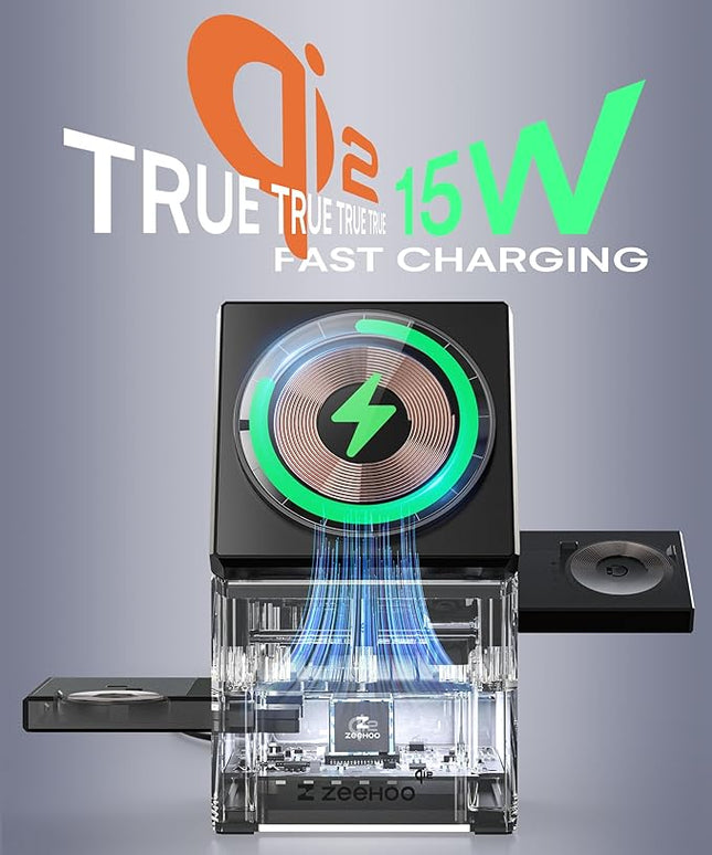 ZEEHOO 3 in 1 Charging Station, iPhone Charging Station for Apple MagSafe Charger, Qi2 Certified, 15W Fast Wireless Charger, for Apple Watch, for iPhone 17,16 15,14,13,12 Series, AirPods (Black)