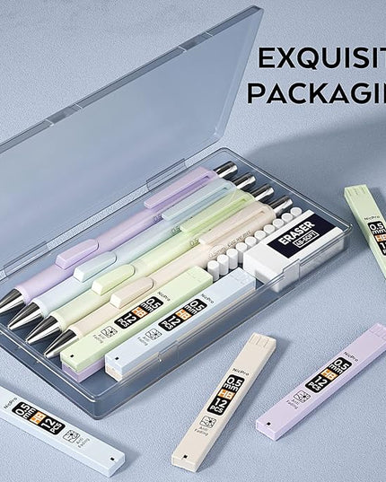 Nicpro 4PCS Pastel Mechanical Pencil 0.5mm, Cute Fast Click Mechanical Pencils Set with 100PCS HB Lead Refills, Erasers and Eraser Refills, Aesthetic School Supplies for Writing, Drawing, Sketching