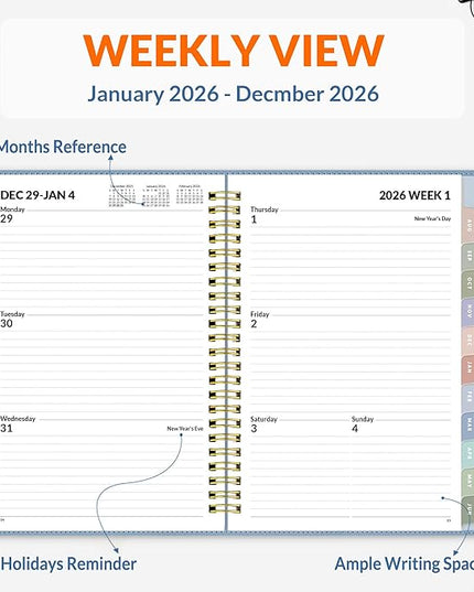 SUNEE 2026 Weekly & Monthly Planner 6.4"x8.5"- 12 Month (January 2026 - December 2026), Vegan Leather Cover, Pocket, Bookmark, Notes, Monthly Tab, Gray Blue