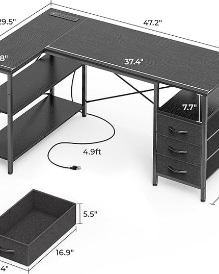 Huuger L Shaped Office Desk with Power Outlets, 47 Inch Computer Desk with 3 Drawers, Shelves, for Gaming, Corner Work, Home Office, Study, Black