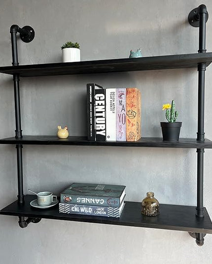 Industrial Pipe Shelf Shelving Bookcase, Wall Mounted Rustic Bookshelf, Floating Bookshelves for Wall,Retro Wood Metal Pipe Industrial Shelves for Living Room