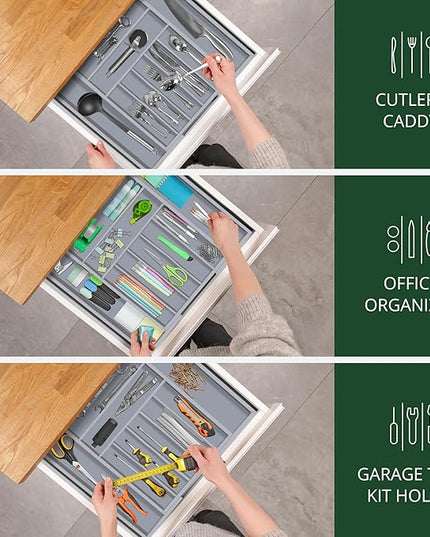 ROYAL CRAFT WOOD Luxury Bamboo Kitchen Drawer Organizer - Silverware Organizer - Utensil Holder and Cutlery Tray with Grooved Drawer Dividers for Flatware and Kitchen Utensils (9 Slot, Gray)