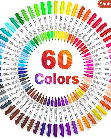 Shuttle Art 60 Colors Permanent Markers, Fine Point, Assorted Colors, Works on Plastic,Wood,Stone,Metal and Glass for Doodling, Coloring, Marking