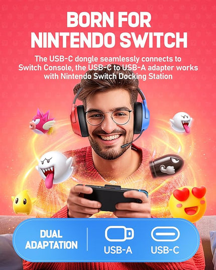 CG-01 2.4Ghz Wireless Gaming Headset for Nintendo Switch丨OLED丨Lite, Bluetooth 5.4 Gaming Headphones with Noise Cancelling Microphone, 40Hr Battery, USB & Type-C Connector for PS5, PS4, PC, Laptop, Mac