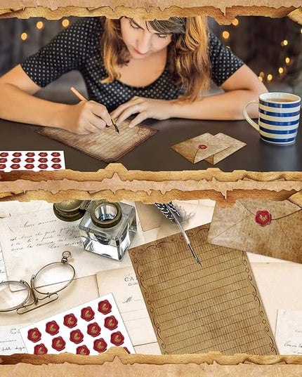 TaoBary 160 Pcs Stationery Paper Set 50 Double Sided Stationery Papers with 50 Matching Envelopes and 60 Round Dot Sticker, 10 Design(Vintage Antique,5.5 x 8.25 Inch)