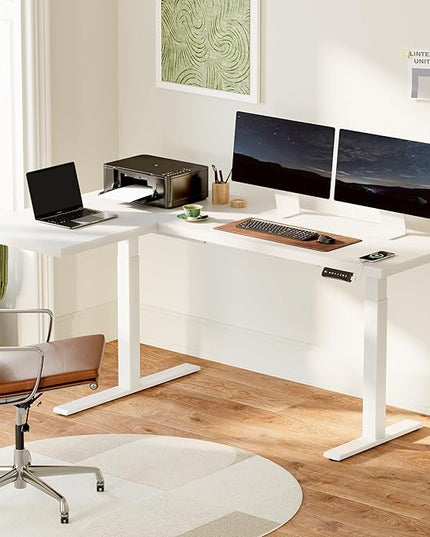 SANODESK 71-Inch Large Dual Motor L-Shaped Electric Height Adjustable Standing Desk - Reversible Panel - White Top/White Frame - Ideal for Gaming, Home Office or Computer Workstation
