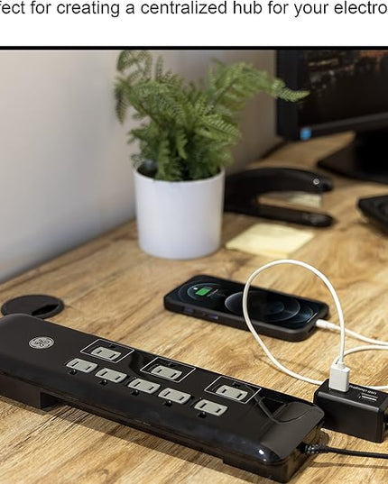 GE UltraPro 8 Outlet Surge Protector with USB Charging Dock, 2 USB Ports, 2160 Joules, 4' Cord, Black, 34117