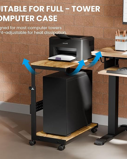 EUREKA ERGONOMIC PC Stand Computer Cart, Height Adjustable Tower Stand 2-Tier Suit for ATX Case Printer, Metal Rolling Cart on Wheels for Gaming Home Office, Antique Wood