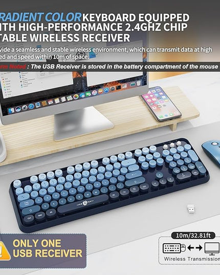 FOPETT Wireless Keyboard and Mouse Combo - 2.4G Full-Sized Cute Colorful Mouse and Keyboard with 104 Round Keys Retro Typewriter Keyboard for Laptop/Windows/PC - Blue Gradient