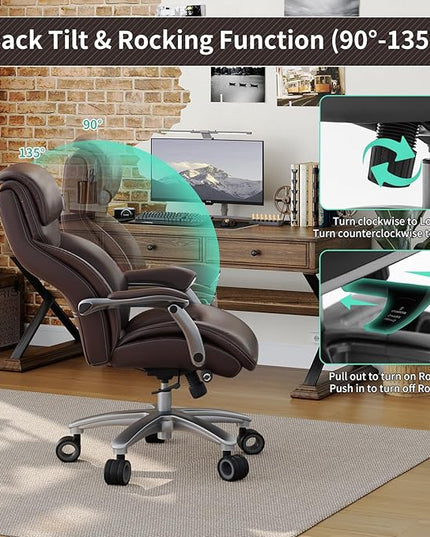 Big and Tall Office Chair with Wide Area Armrest, 600lbs Heavy Duty Desk Chair with Adjustable Lumbar Support, PU Leather High Back Ergonomic Executive Computer Chair with 3'' Silent Casters