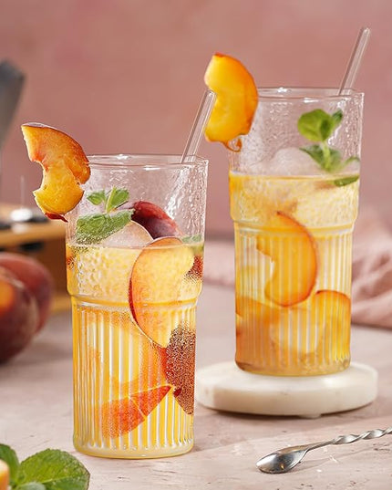 Joeyan 22 oz Glass Tumbler with Straw and Lid for Iced Tea Coffee Smoothie Water Juice Beverages Soda,Clear Borosilicate Glasses Cups,Ribbed Drinking Jar,Set of 2,Dishwasher Safe