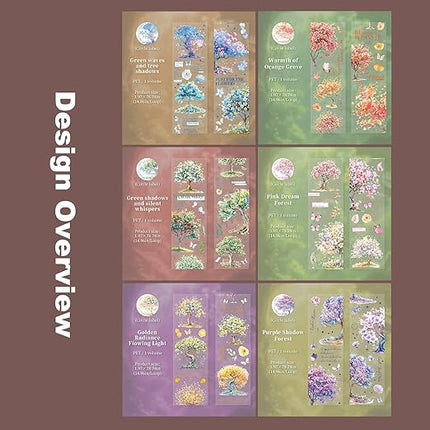 MiyouLuna 6 Rolls Blooming Forest PET Tape Set, 6 Rolls Tree-Themed Tapes with Decorative Clip, Scrapbook and Journal Supplies for DIY Crafts and Collage