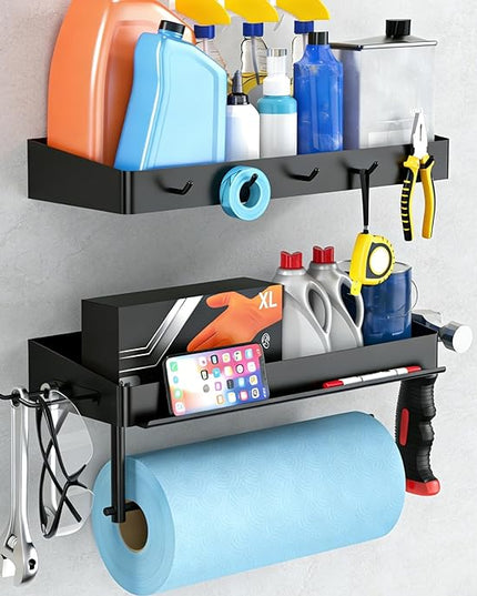 YIGII Heavy Duty Garage Paper Towel Holder with 2 Storage Shelves, Wall Mount Paper Towel Rack with Phone Holder & Hooks, Shop and Tool Room Organizer for Storage