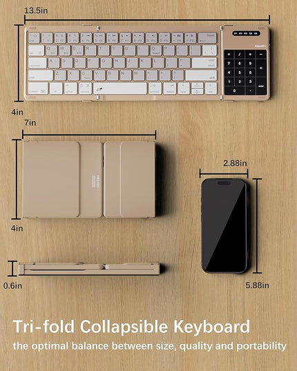Nillkin Upgraded Foldable Bluetooth Keyboard with Touchpad & Number Pad, Portable Wireless Keyboard for Travel, Pocket-Sized, Full Size Keys, Support 3 Devices for iPad Laptop Tablets Phone, Khaki