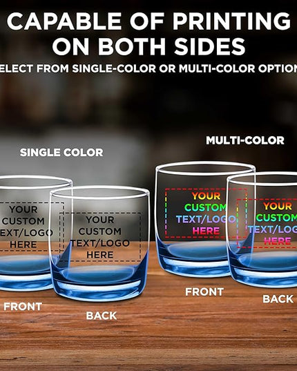 DISCOUNT PROMOS Custom Whiskey Glasses 10 oz Set of 10/50/100, Personalized Bulk Pack - Heavy Base Old Fashioned Glass, Perfect for Scotch, Bourbon, Whiskey, Cocktail - Blue Bottom Color