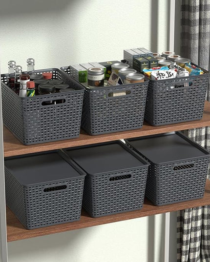 6 Packs Large Plastic Storage Basket Bin with Lid, Tall Stackable Lidded Organizer Baskets for Desktops, Closets, Shelves, Gray