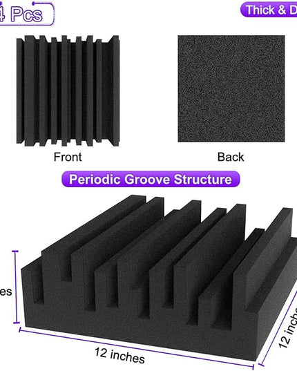 TroyStudio Thick Acoustic Foam Panels, 12 X 12 X 3 Inch 4 Pcs Broadband Sound Absorbing Foams, Dense Soundproof Padding Tile, Recording Studio Foam Absorber, Groove Decorative 3D Wall Ceiling Panel