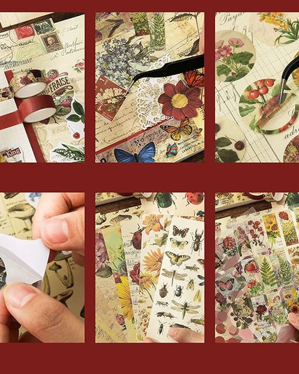emmoolife Vintage Aesthetic Scrapbooking Supplies Kit, Flowers Botanical Bullet Junk Journal Kit with Journaling Supplies, Tweezers, A6 Grid Notebook,Stationery,Sticker, Birthday Craft Gift for Adult