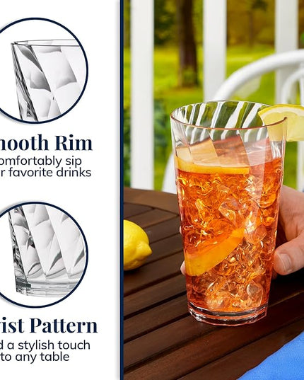 US Acrylic Optix Plastic Reusable Drinking Glasses (Set of 8) 20oz Water Cups in Clear | BPA-Free Tumblers, Made in USA | Top-Rack Dishwasher Safe