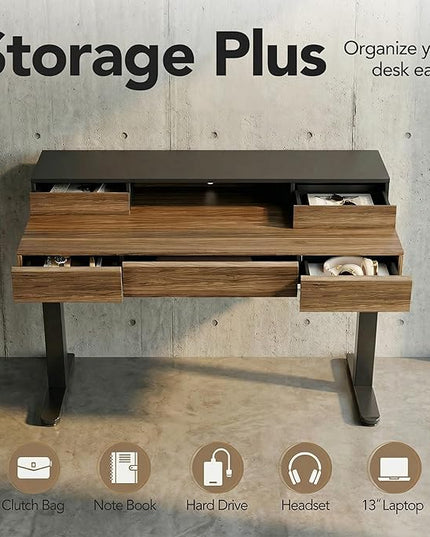 ErGear Electric Standing Desk with 5 Solid Wood Drawers, 48 x 26 Inches Whole Piece Desktop, with Desktop Riser Stand, Compatible with C-Clamp Monitor Arms, Modern Office Desk, Dark Walnut
