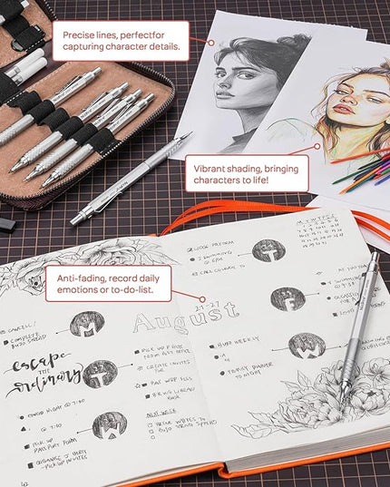 Nicpro 30PCS Silver Metal Mechanical Pencils Set in Leather Case, Art Drafting Pencil 0.5, 0.7, 0.9 mm, 2mm Lead Pencil Holder for Sketching Drawing With 16 Tube (6B 4B 2B HB 2H 4H Colors)Lead Refill