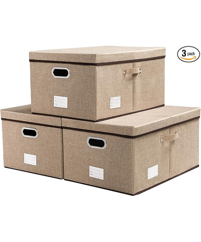 PRANDOM Storage Bins with Lids [3-Pack] Jute Fabric Foldable Storage Boxes Organizer Containers Baskets Cube with Cover for Home Bedroom Closet Office Nursery khaki（23.4X15.9X11.5