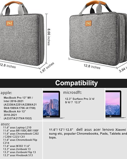 ZINZ Laptop Case 13 inch Sleeve, Expandable Computer Briefcase Protective Handbag with Multi-pockets, Compatible with MacBook Air/Pro M4/M3/M2/M1, iPad 12.9/13, XPS 13, Durable & Recycled，D01G01