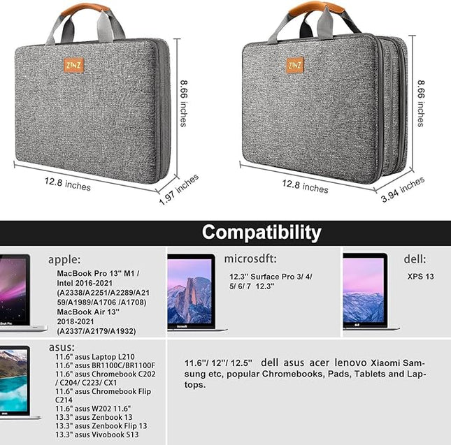 ZINZ Laptop Case 13 inch Sleeve, Expandable Computer Briefcase Protective Handbag with Multi-pockets, Compatible with MacBook Air/Pro M4/M3/M2/M1, iPad 12.9/13, XPS 13, Durable & Recycled，D01G01