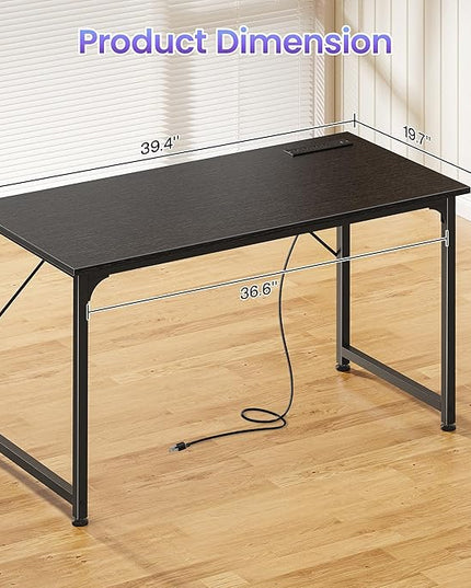 PRAISUN 40 X 20 Inch Computer Desk with Power Outlets and USB-C Port, Gaming Office Desk with Deeper Desktop, Writing Work Desk for Home Office, Study, Bedroom, Work from Home Desk, Metal Frame, Black