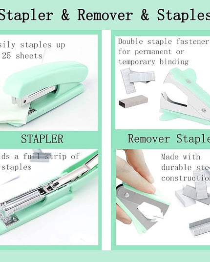 Green Office Desk Accessories Supplies, 12pcs Desk Organizers and Accessories with Tape dispenser and Stapler,Staples,Staple Remover,Pen Holder,Scissor,Ruler,Sticky Tabs,Tape,Ballpoint Pen,Clips Set