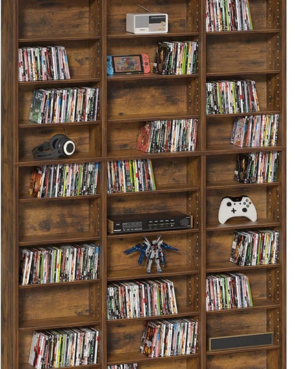 LELELINKY 11 Tier Tall Display Cabinet, Brown Media Storage Cabinet with Adjustable Shelves, Free Standing DVD Organizer Shelf, Floor Multimedia Storage Manga Bookshelf for Living Room & Home Office.