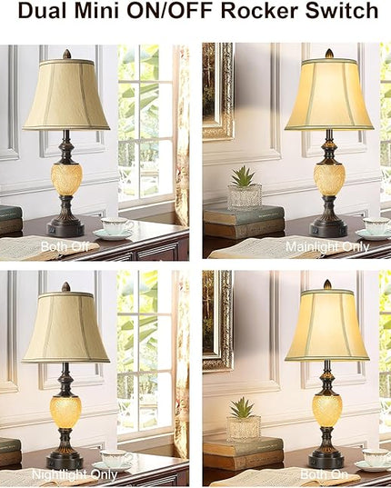 27'' High Vintage Table Lamp Set of 2 for Living Room Farmhouse Bedside Lamp with Fabric Shades Boho Nightstand Lamp with USB and Nightlight for Bedroom Home Office Hotel Bar (Bulb Included)